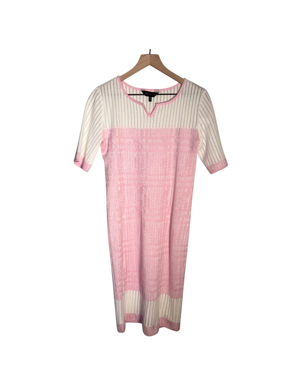 MING WANG pastel pink and white crochet knit mod 70s style shift dress M